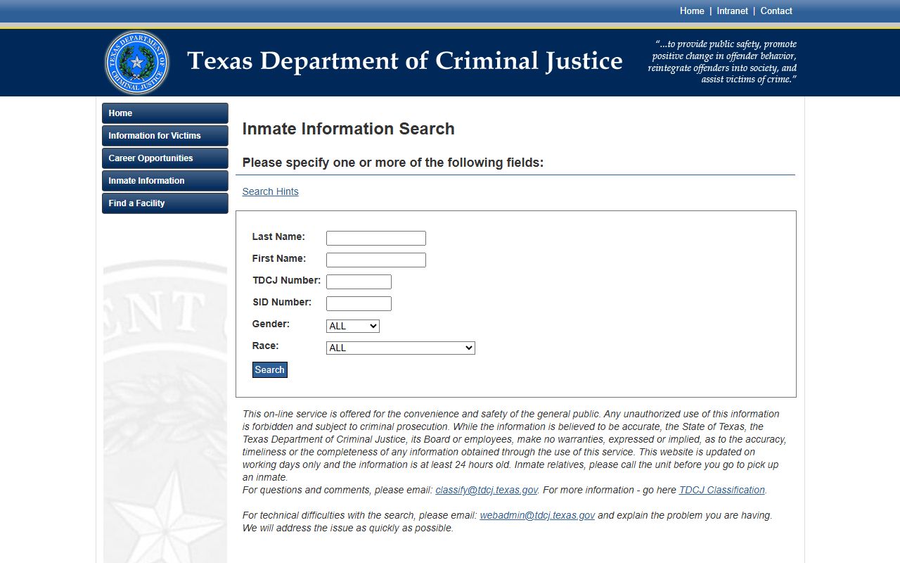 TDCJ inmate search form used after Zapata County sentencing